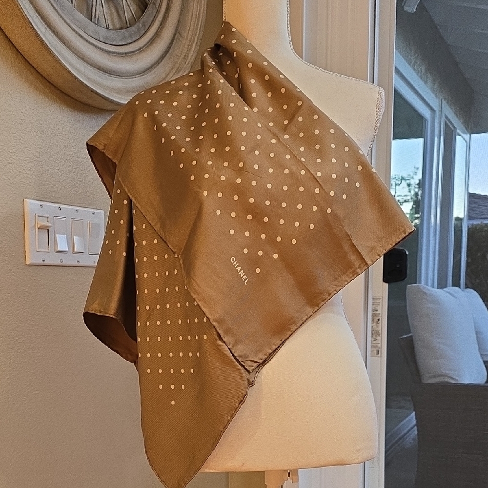 CHANEL Tan Silk Scarf with Cream Dots